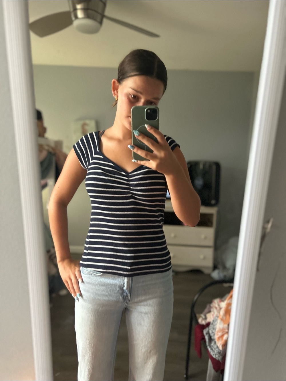 Old Navy Navy and White Striped Cap-Sleeve Tee